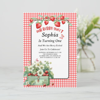 Strawberry Berry Sweet First Birthday Party Invitation