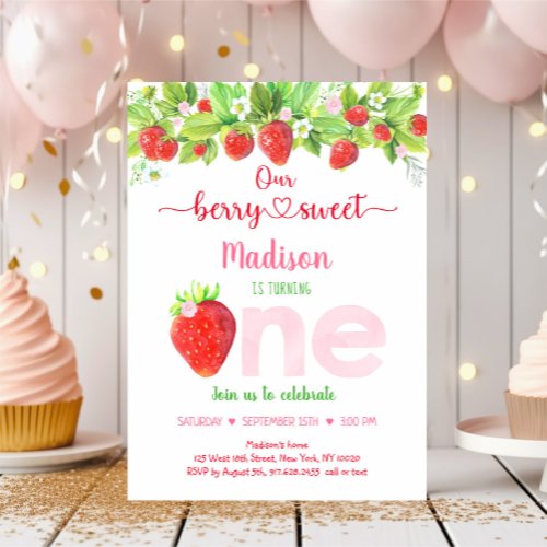 Strawberry Berry Sweet Floral First Birthday Invitation