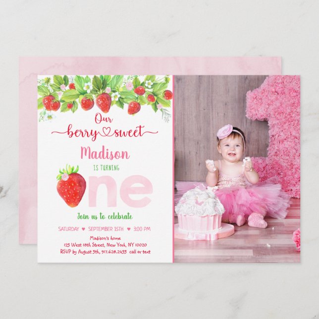 Strawberry Berry Sweet Floral First Birthday Invitation (Front/Back)