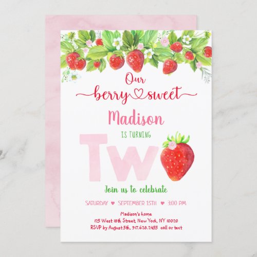 Strawberry Berry Sweet Floral Second Birthday Invitation