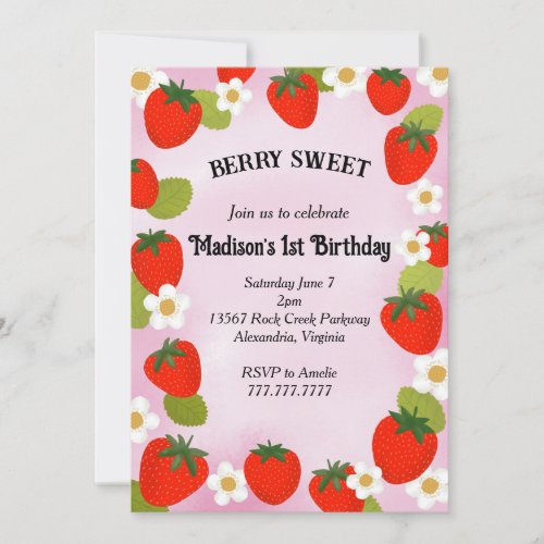 Strawberry Berry Sweet Flower Blossom Birthday  Invitation
