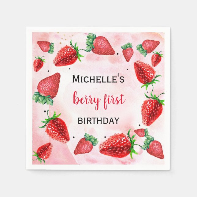 Strawberry Berry Sweet Girl's Birthday  Napkins (Front)