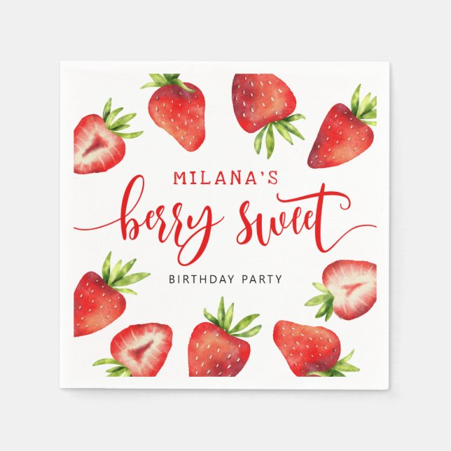 Strawberry Berry Sweet Girl's Birthday Party Napkins (Front)