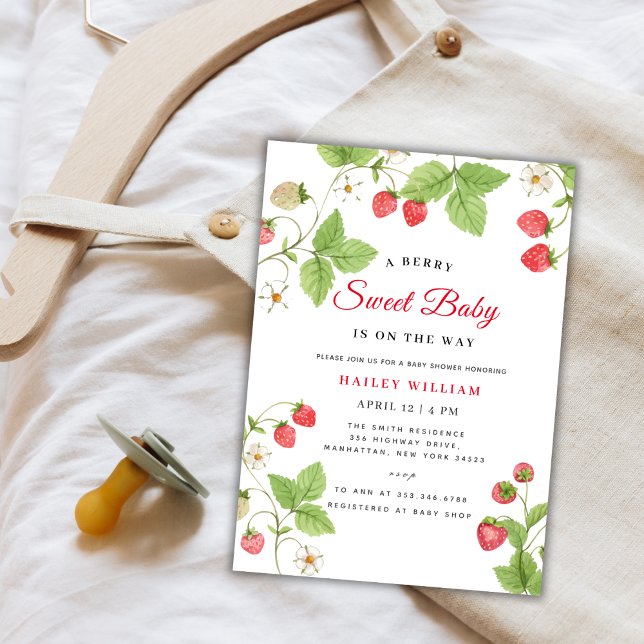 Strawberry Berry Sweet Greenery Baby Shower Invitation (Strawberry Berry Sweet Greenery Baby Shower Invitation)