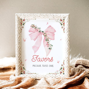 Strawberry Berry Sweet Pink Bow Baby Shower Favors Poster