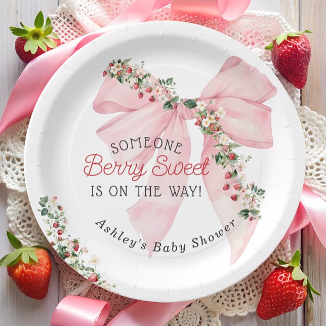 Strawberry Berry Sweet Pink Bow Baby Shower Paper Plates (Creator Uploaded)