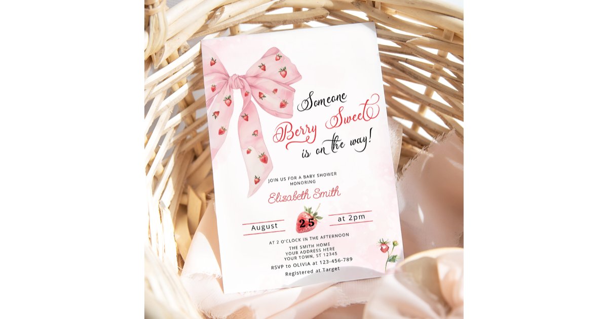 Strawberry Berry Sweet Pink Bow Cute Baby Shower Invitation | Zazzle