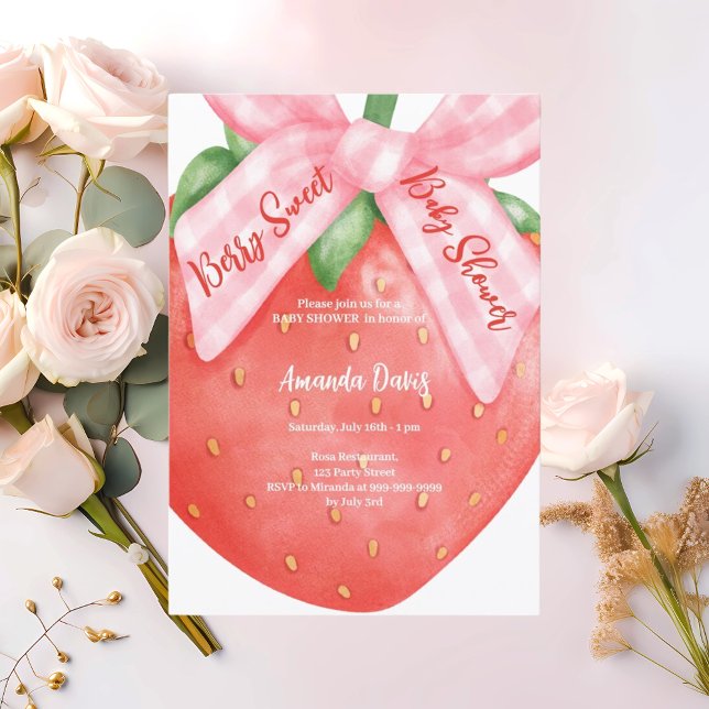 Strawberry Berry Sweet pink bow girl Baby Shower Invitation (Creator Uploaded)