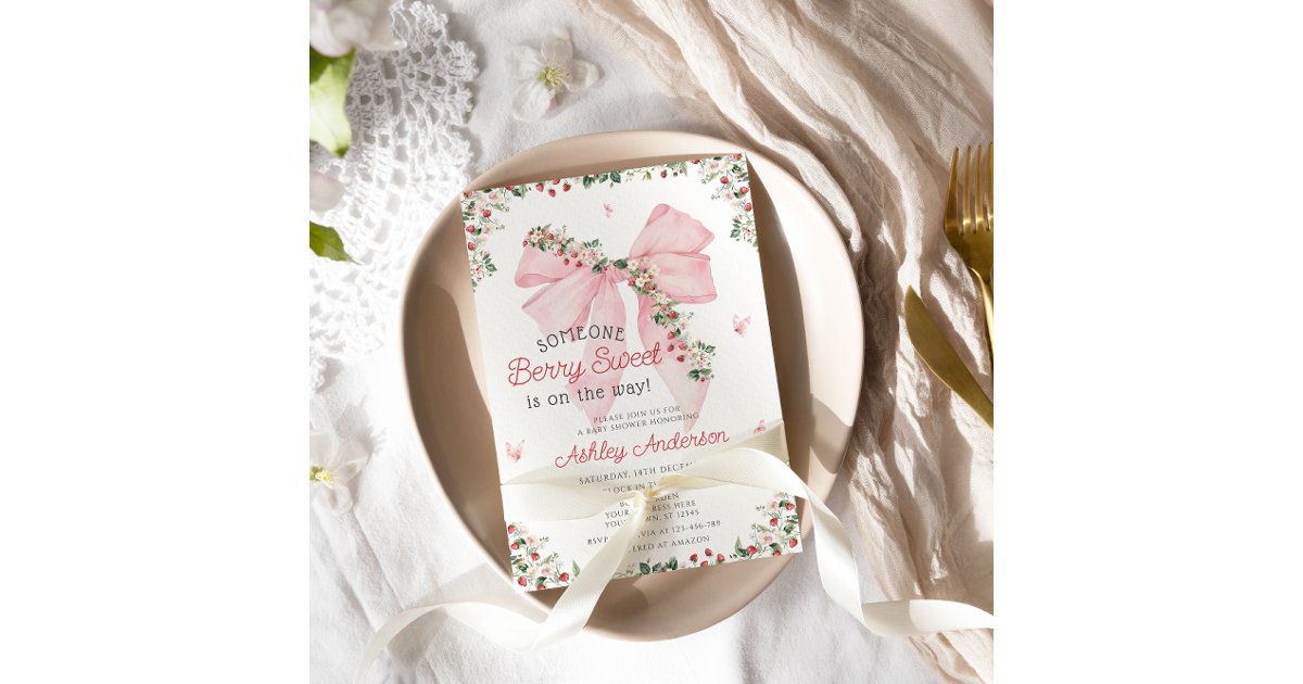 Strawberry Berry Sweet Pink Bow Girl Baby Shower Invitation | Zazzle