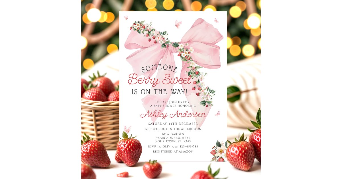Strawberry Berry Sweet Pink Bow Girl Baby Shower Invitation | Zazzle