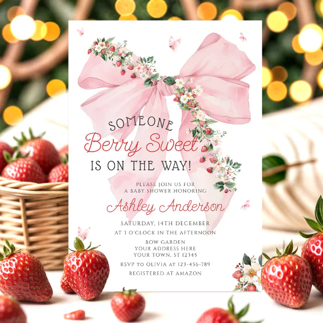 Strawberry Berry Sweet Pink Bow Girl Baby Shower Invitation | Zazzle