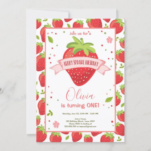Strawberry Berry Sweet Pink Red First Birthday Invitation
