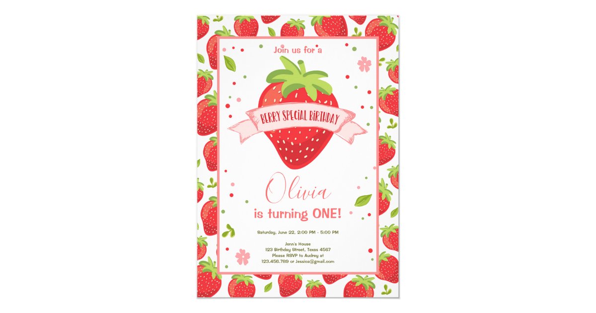 Strawberry Berry Sweet Pink Red First Birthday Invitation | Zazzle.com
