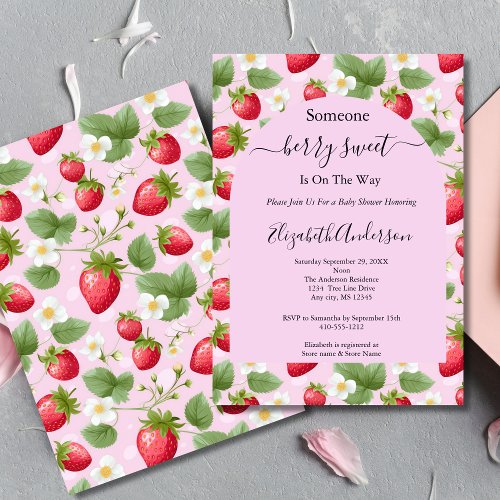 Strawberry Berry Sweet Pink Red White Baby Shower Invitation