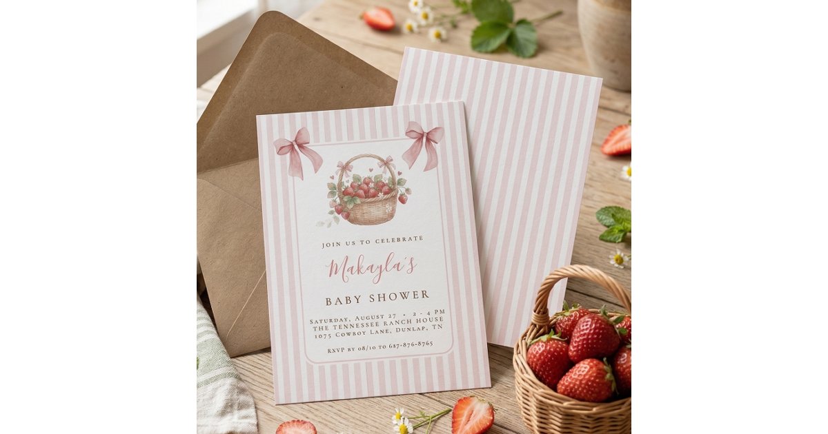 Strawberry Berry Sweet Pink Stripe Bow Baby shower Invitation | Zazzle