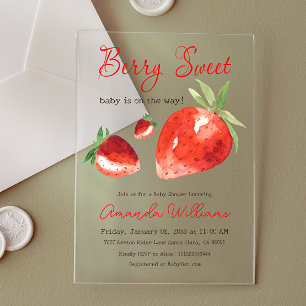 Strawberry Berry Sweet Red Watercolor Baby Shower Acrylic Invitations