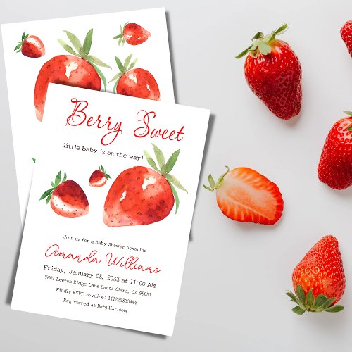 Strawberry Berry Sweet Red Watercolor Baby Shower Invitation