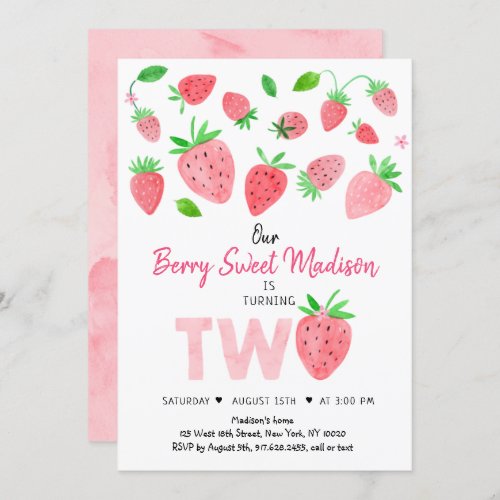 Strawberry Berry Sweet Second Birthday Invitation
