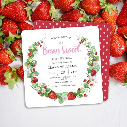 Strawberry Berry Sweet Square Baby Shower Invitation