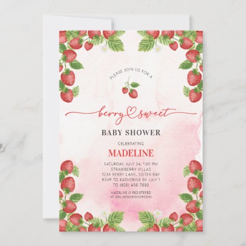 Strawberry Berry Sweet Watercolor Baby Shower  Invitation