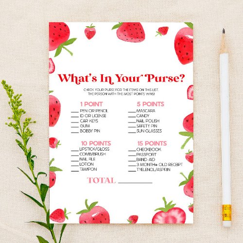 Strawberry Berry Whats In Purse Baby Shower Game Stationery