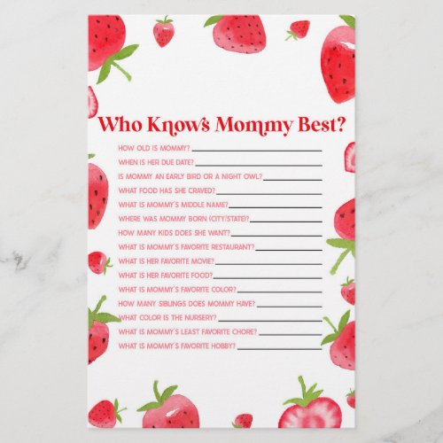Strawberry Berry Who Knows Mommy Baby Shower Game Stationery