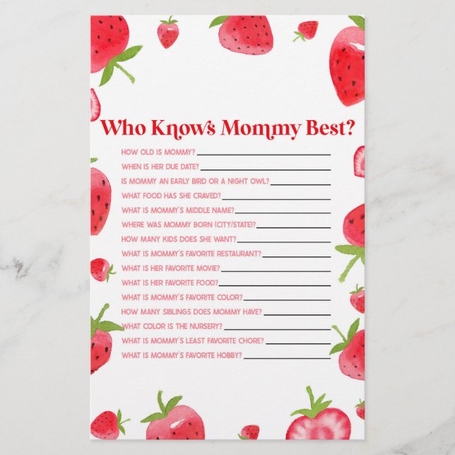 Strawberry Berry Who Knows Mommy Baby Shower Game Stationery (Front)