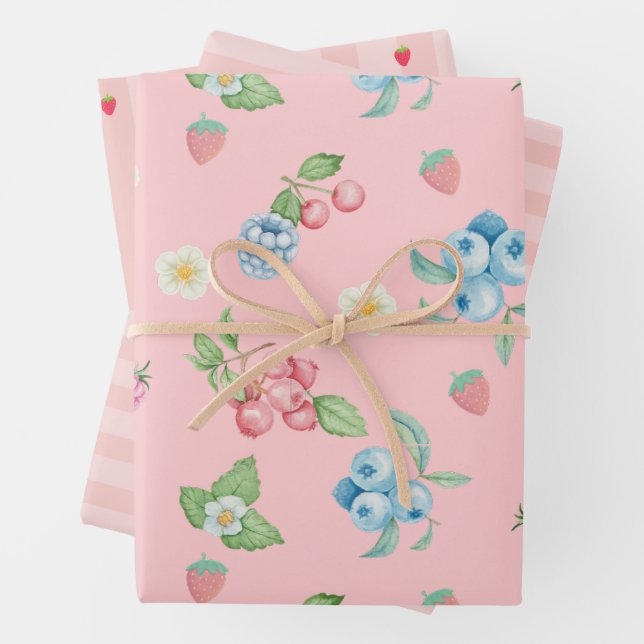 Strawberry  Birthday Berry first Pink Wrapping Paper Sheets (In situ)