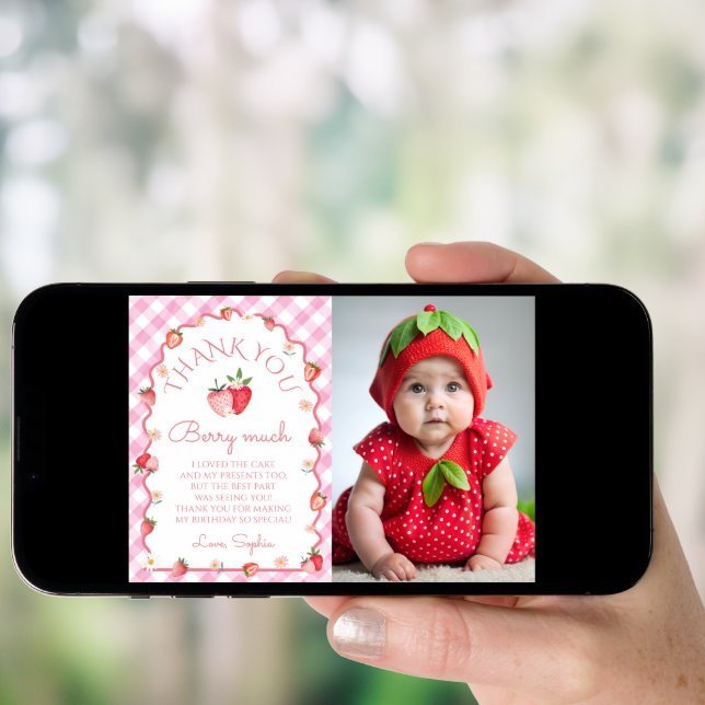 Strawberry Birthday Berry Much Photo Thanks Card (Front Digital)