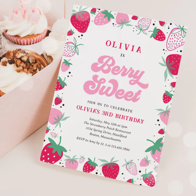 Strawberry Birthday Berry Sweet Birthday Party Inv Invitation | Zazzle