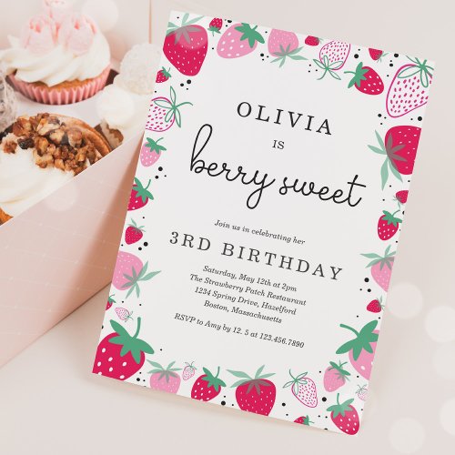 Strawberry Birthday Berry Sweet Birthday Party Invitation