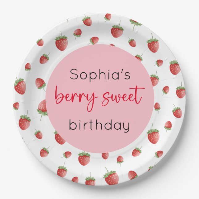 Strawberry Birthday Berry Sweet Paper Plates (Front)