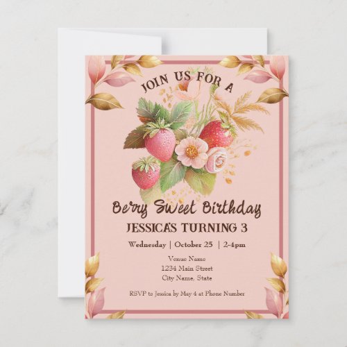 Strawberry Birthday Boho Pink Invitation