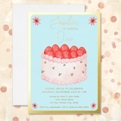 Strawberry Birthday Cake Blue Background Gold Foil Invitation