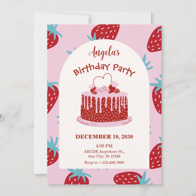 Strawberry birthday cake  invitation (Front)