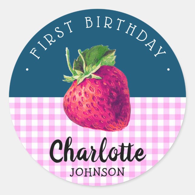 Strawberry Birthday Girl Pink Checkered Blue Green Classic Round Sticker (Front)