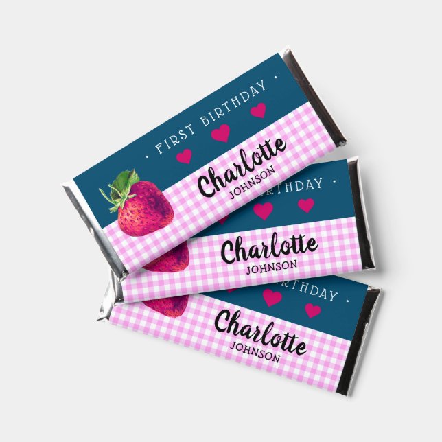 Strawberry Birthday Girl Pink Checkered Blue Green Hershey Bar Favors (Front)