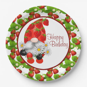 Strawberry Birthday Gnome Paper Plates