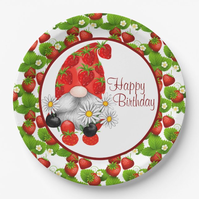 Strawberry Birthday Gnome  Paper Plates (Front)