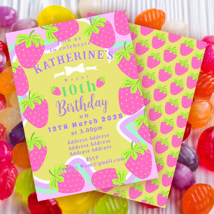 Strawberry Birthday Green Pink Invitation card