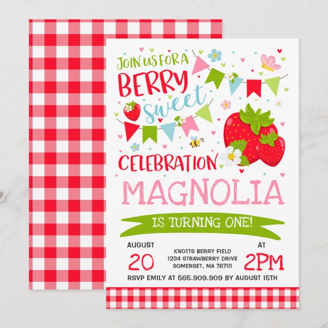 Strawberry Birthday Invitation Berry Sweet Party (Front/Back)