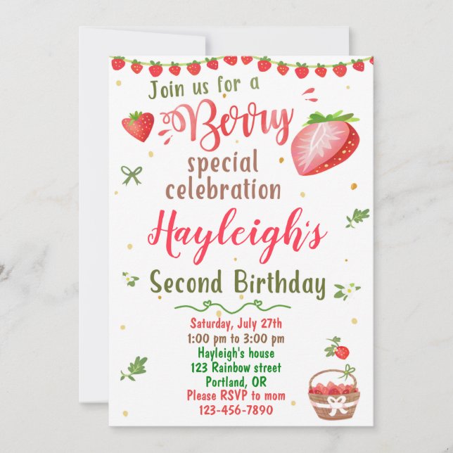 Strawberry birthday invitation Berry sweet party (Front)