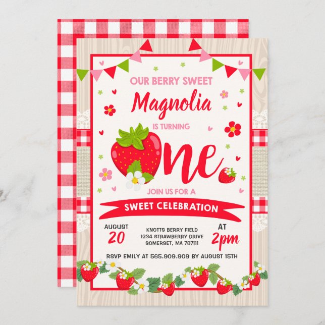 Strawberry Birthday Invitation Berry Sweet Party (Front/Back)