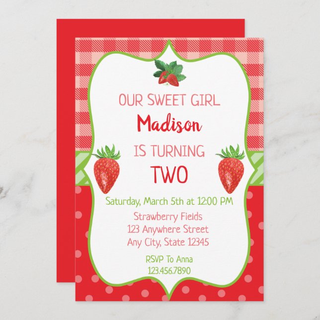 Strawberry Birthday Invitation Berry Sweet Party (Front/Back)