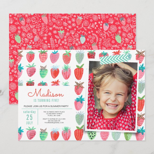 Strawberry Birthday Invitation Berry Sweet Party (Front/Back)