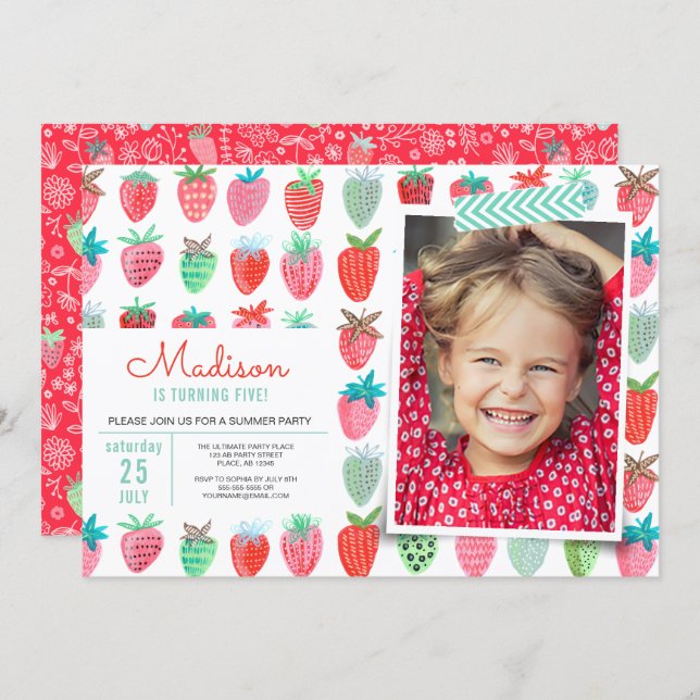 Strawberry Birthday Invitation Berry Sweet Party (Front/Back)