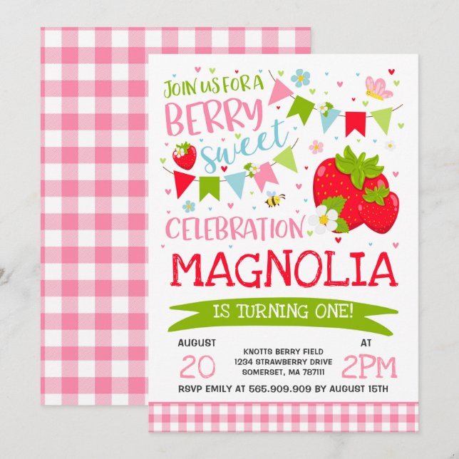 Strawberry Birthday Invitation Berry Sweet Party (Front/Back)
