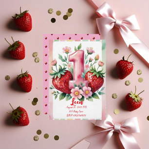 Strawberry Birthday Invitation Cute Pink Red Gir