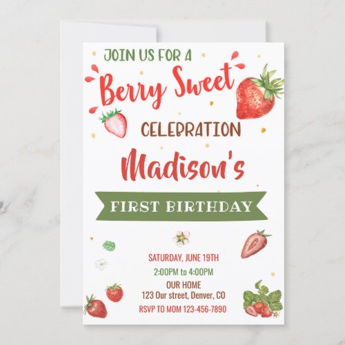 Strawberry birthday invitation First birthday girl