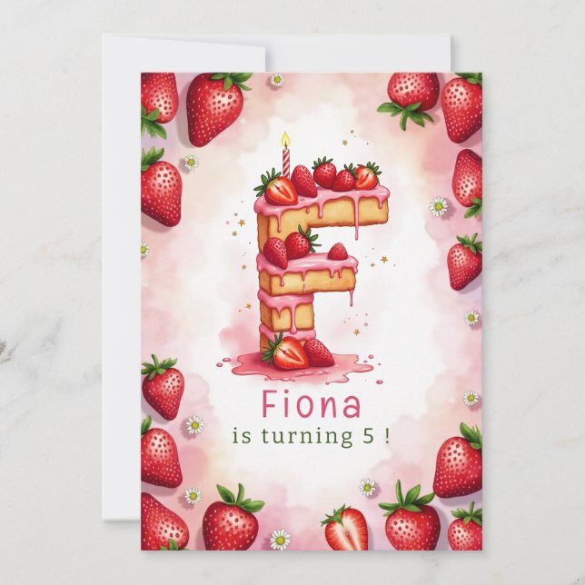 Strawberry Birthday Invitation Letter F Cake Theme (Front)